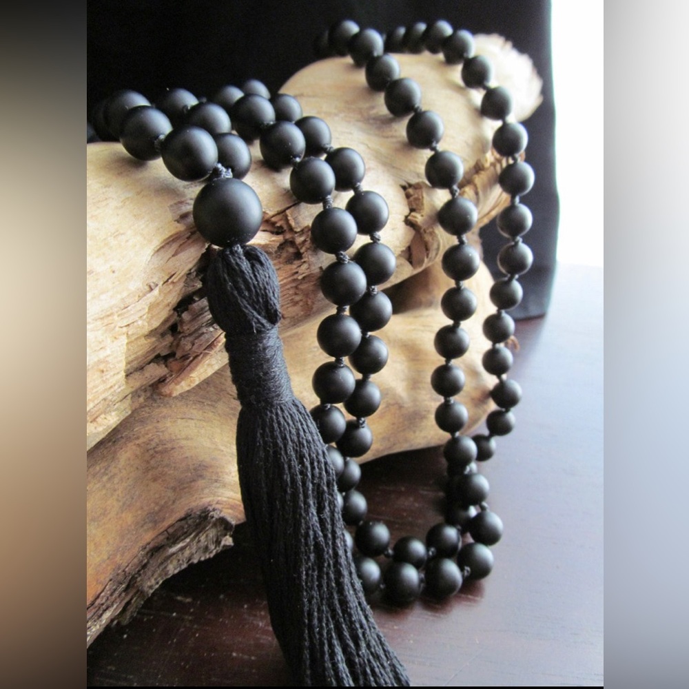 Black ONYX Mala Beads, 108 Bead Hand Knotted Matte Necklace